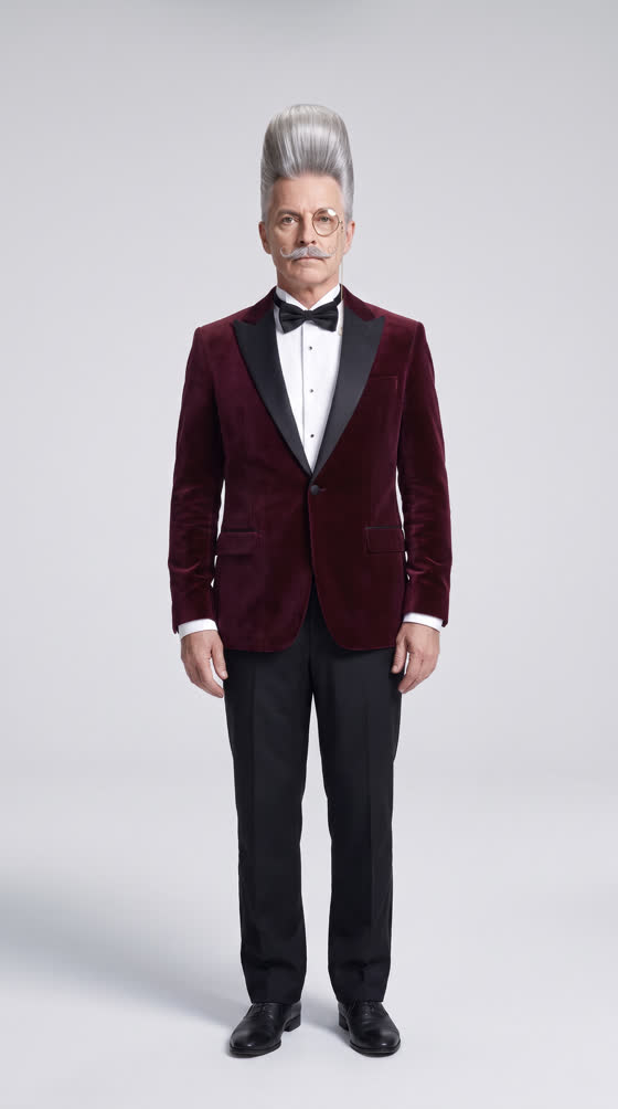 Gustav Plinth, an AI ballroom judge with a silver pompadour and a monocle