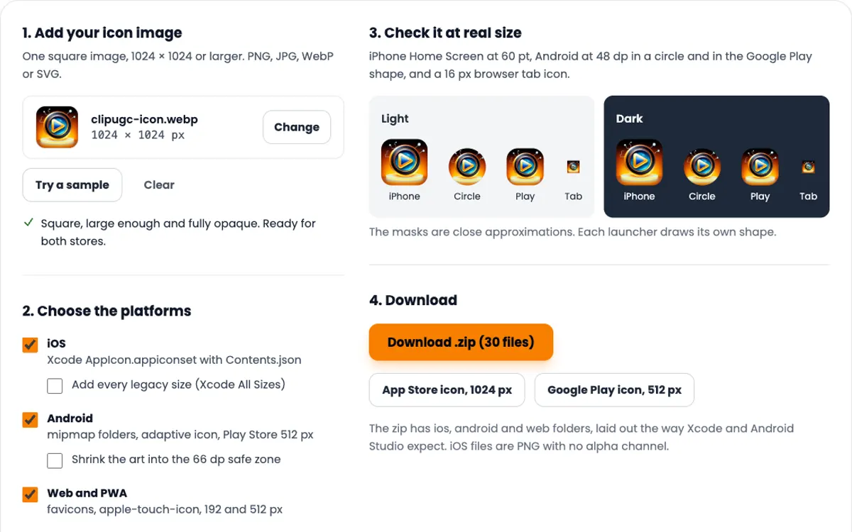 Screenshot of the App icon generator