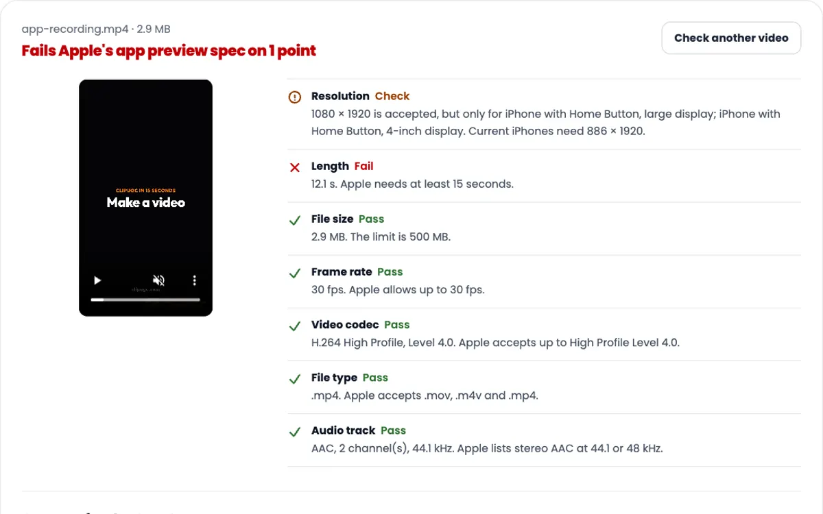 Screenshot of the App Store preview video checker