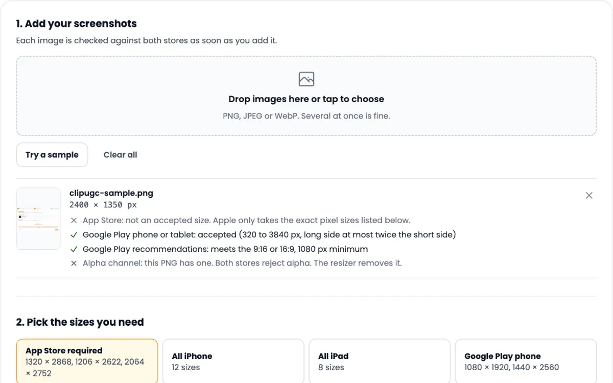 Screenshot of the App Store screenshot sizes and resizer