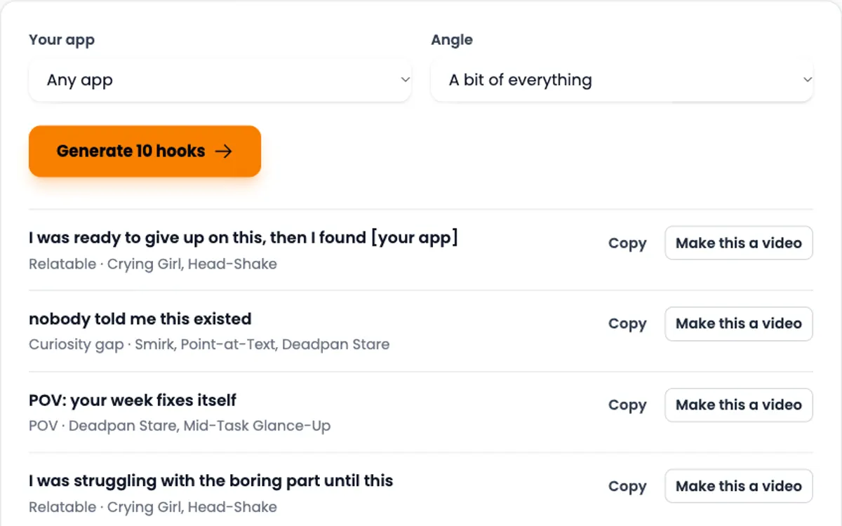 Screenshot of the TikTok hook generator