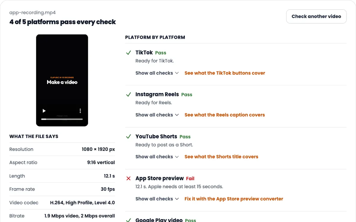Screenshot of the Video resolution checker